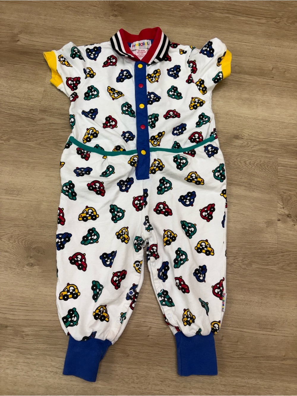 Gymboree Vintage 90s Boys Car Taxi Romper 1-Piece XS Rainbow Tag Colorblock READ